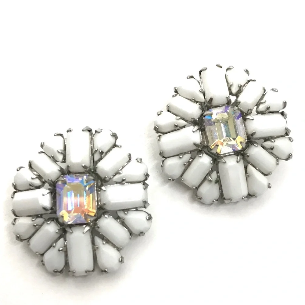 WEISS Vintage Earrings White Glass Crystal Retro